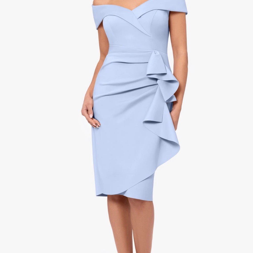 Xscape Off-Shoulder Light Blue Midi Dress